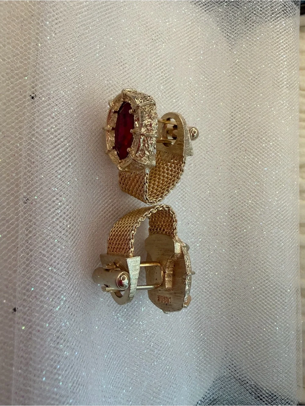 Gold-Tone Mesh Clip-On Swank Cufflink with Red Oval Stone